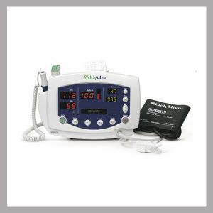 Welch Allyn 53NTO Vital Signs Patient SpO2 - portable, NELLCORE attachment , automatic blood pressure mode, programmable alarms, built-in memory capability and intuitive icons, includes mobile stand. Monitor parameters: Blood Pressure, O2 - SpO2 Nellcor, Blood Pressure - NIBP & Temperature- REFURBISHED with 90 day ltd. warranty