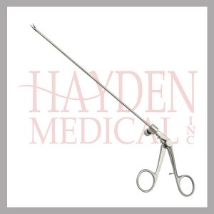 HE10-1115-a Laparoscopic Bariatric Trocar Incision Wound Closure & Hernia Suture Retriever, 3mm diameter, 20cm working length, spring..handle, cleaning flush port, precision micro-pointed & polishe